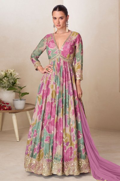 Multicolor Printed & Embroidered Chinon Silk Anarkali Dress & Dupatta Multicolor Printed & Embroidered Chinon Silk Anarkali Dress & Dupatta