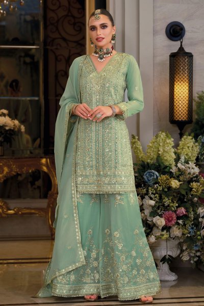 Mint Green Silk Embroidered Palazzo Kurta Set Mint Green Silk Embroidered Palazzo Kurta Set