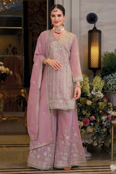 Mauvey Pink Silk Embroidered Palazzo Kurta Set Mauvey Pink Silk Embroidered Palazzo Kurta Set