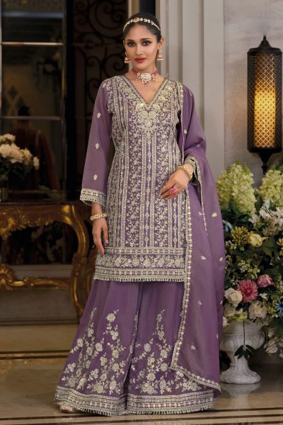 Plum Silk Embroidered Palazzo Kurta Set Plum Silk Embroidered Palazzo Kurta Set
