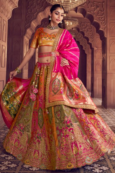 Multicolor Banarasi Silk Zari Woven & Embroidred Lehenga Set WIth Belt Multicolor Banarasi Silk Zari Woven & Embroidred Lehenga Set WIth Belt