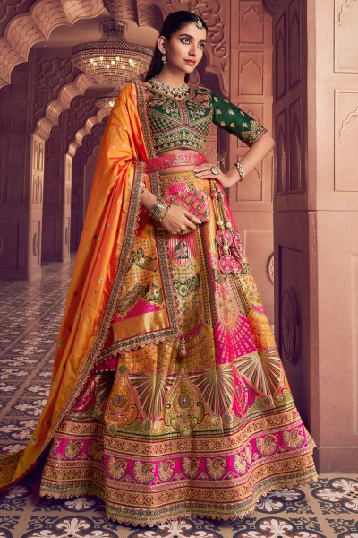 Multicolor Banarasi Silk Zari Woven & Embroidred Lehenga Set WIth Belt Multicolor Banarasi Silk Zari Woven & Embroidred Lehenga Set WIth Belt