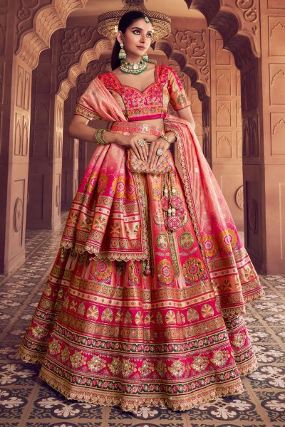 Peach & Pink Banarasi Silk Zari Woven & Embroidred Lehenga Set Peach & Pink Banarasi Silk Zari Woven & Embroidred Lehenga Set