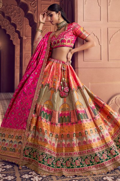Multicolor Banarasi Silk Zari Woven & Embroidred Lehenga Set With Belt Multicolor Banarasi Silk Zari Woven & Embroidred Lehenga Set With Belt