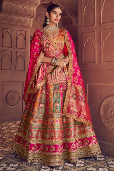 Multicolor Banarasi Silk Zari Woven & Embroidred Lehenga Set With Belt Multicolor Banarasi Silk Zari Woven & Embroidred Lehenga Set With Belt