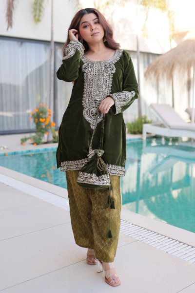 Olive Green Velvet Short Kurti With Silk Pants & Potli Bag Olive Green Velvet Short Kurti With Silk Pants & Potli Bag