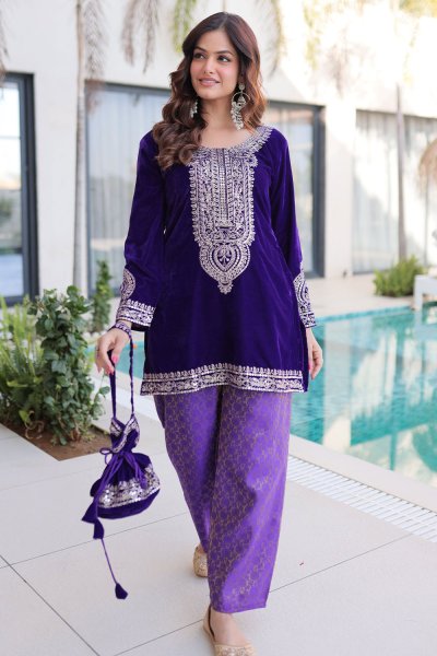 Purple Velvet Short Kurti With Silk Pants & Potli Bag Purple Velvet Short Kurti With Silk Pants & Potli Bag