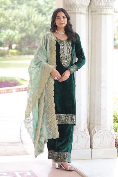 Teal Green Velvet Embroidered Kurta Set With Organza Silk Dupatta Teal Green Velvet Embroidered Kurta Set With Organza Silk Dupatta