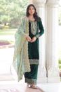 Teal Green Velvet Embroidered Kurta Set With Organza Silk Dupatta