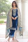 Royal Blue Velvet Embroidered Kurta Set With Organza Silk Dupatta