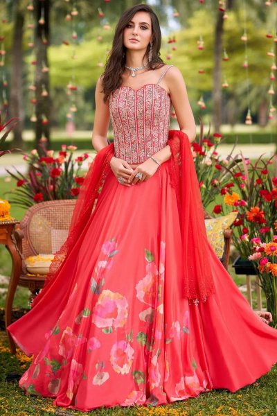 Coral Pink Indowestern Crepe Silk Printed & Hand Embroidered Corset Style lehenga Set Coral Pink Indowestern Crepe Silk Printed & Hand Embroidered Corset Style lehenga Set