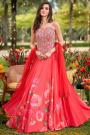 Coral Pink Indowestern Crepe Silk Printed & Hand Embroidered Corset Style lehenga Set