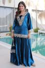 Prussian Blue Velvet Embroidered Short Kurta Sharara Set With Potli Bag