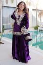 Plum Velvet Embroidered Short Kurta Sharara Set With Potli Bag