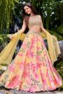 Yellow Georgette Printed & Embroidered Lehenga Set