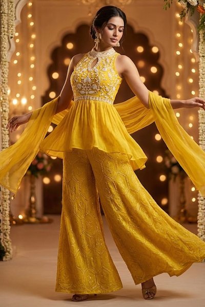 Yellow Georgette Embroidered Indowestern Top & Palazzo Set With Dupatta Yellow Georgette Embroidered Indowestern Top & Palazzo Set With Dupatta