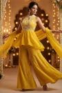 Yellow Georgette Embroidered Indowestern Top & Palazzo Set With Dupatta