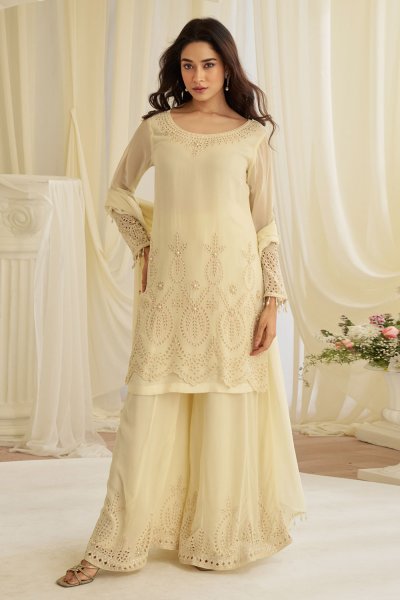 Ivory Cream Crepe Silk Embroidered Sharara Kurta Set Ivory Cream Crepe Silk Embroidered Sharara Kurta Set