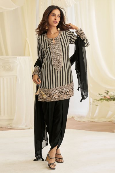 Black Georgette Printed & Embroidered Dhoti Kurta Set Black Georgette Printed & Embroidered Dhoti Kurta Set