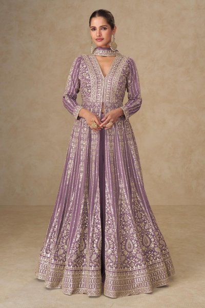 Lilac Chinon Silk Embroidered Anarkali Set Lilac Chinon Silk Embroidered Anarkali Set