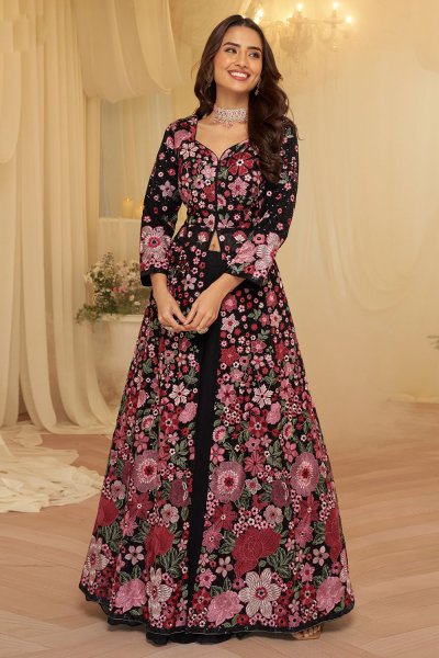 Black & Multicolor Georgette Embroidered Anarkali Dress With Skirt & Dupatta Black & Multicolor Georgette Embroidered Anarkali Dress With Skirt & Dupatta
