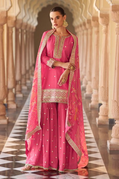 Rose Pink Chinon Silk Embroidered & Printed Sharara Kurta Set Rose Pink Chinon Silk Embroidered & Printed Sharara Kurta Set