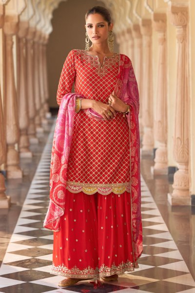 Red Chinon Silk Embroidered & Printed Sharara Kurta Set Red Chinon Silk Embroidered & Printed Sharara Kurta Set