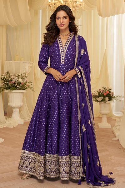 Purple Zari Woven Silk Embroidered Anarkali Dress With Dupatta Purple Zari Woven Silk Embroidered Anarkali Dress With Dupatta