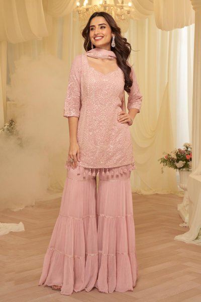 Blush Pink Georgette Chikankari Embroidered Sharara Kurta Set Blush Pink Georgette Chikankari Embroidered Sharara Kurta Set