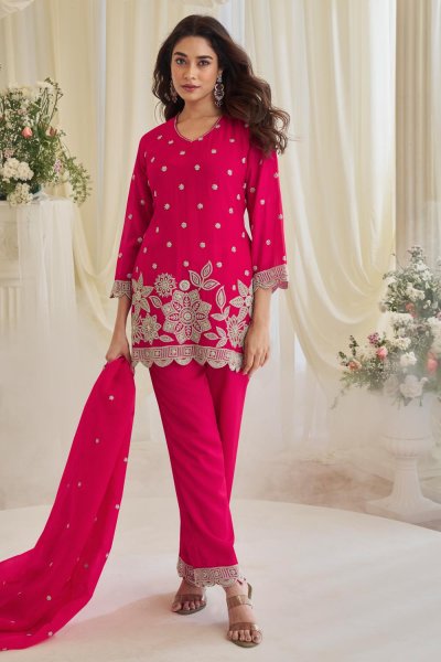 Magenta Pink Chinon Silk Embroidered Palazzo Kurta Set Magenta Pink Chinon Silk Embroidered Palazzo Kurta Set
