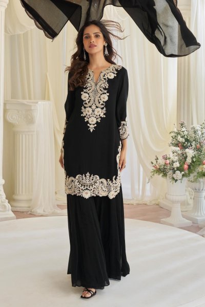 Black Georgette Embroidered Sharara Kurta Set Black Georgette Embroidered Sharara Kurta Set