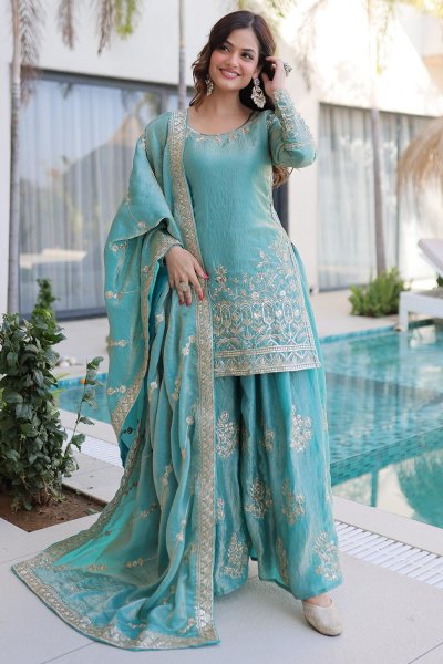 Sky Blue Silk Embroidered Sharara Kurta Set Sky Blue Silk Embroidered Sharara Kurta Set