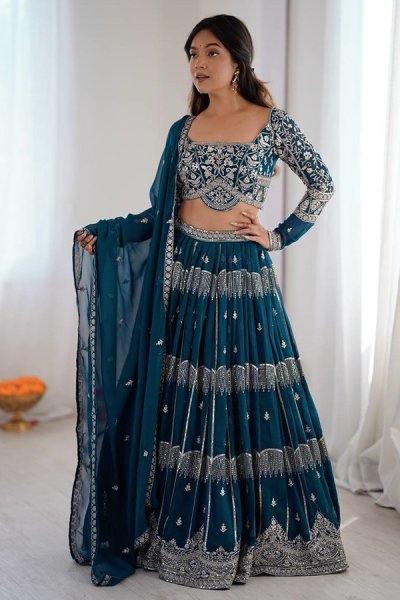 Teal Blue Georgette Embroidered Lehenga Set Teal Blue Georgette Embroidered Lehenga Set
