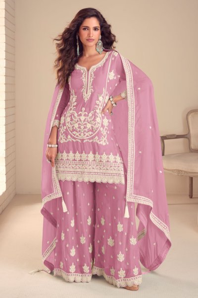 Mauve Pink Chinon Silk Embroidered Sharara Kurta Set Mauve Pink Chinon Silk Embroidered Sharara Kurta Set