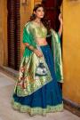 Navy Blue & Green Paithani Silk Zari Woven & Hand Worked Lehenga Set With Potli Bag