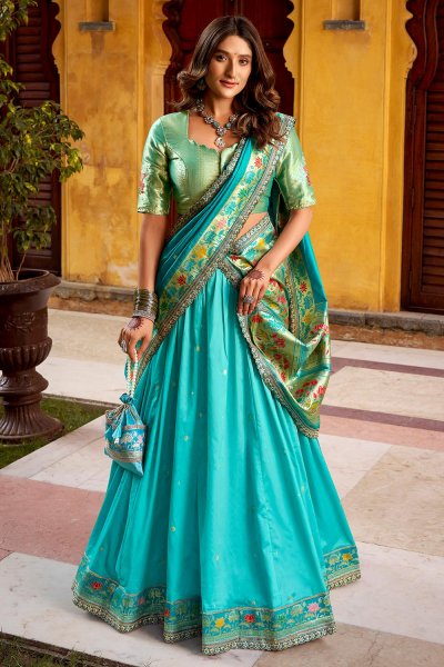 Turquoise Blue Paithani Silk Zari Woven & Hand Worked Lehenga Set With Potli Bag