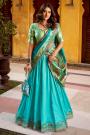Turquoise Blue Paithani Silk Zari Woven & Hand Worked Lehenga Set With Potli Bag