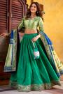 Teal Green Paithani Silk Zari Woven & Hand Worked Lehenga Set With Potli Bag