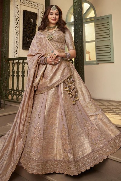 Dusty Pink Banarasi Silk Zari Woven & EMbroidered Lehenga Set With Belt Dusty Pink Banarasi Silk Zari Woven & EMbroidered Lehenga Set With Belt
