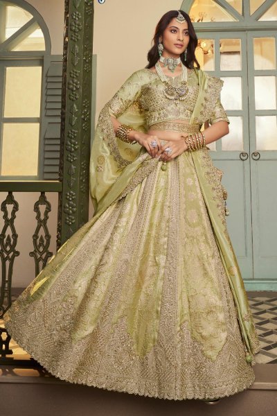 Pista Green Banarasi Silk Zari Woven & EMbroidered Lehenga Set With Belt