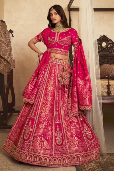 Rani Pink Banarasi Silk Zari Woven & EMbroidered Lehenga Set With Belt Rani Pink Banarasi Silk Zari Woven & EMbroidered Lehenga Set With Belt