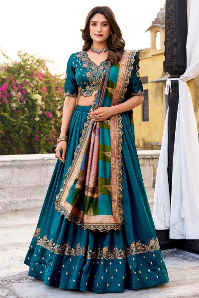 Prussian Blue Silk Embroidered lehenga Set Prussian Blue Silk Embroidered lehenga Set