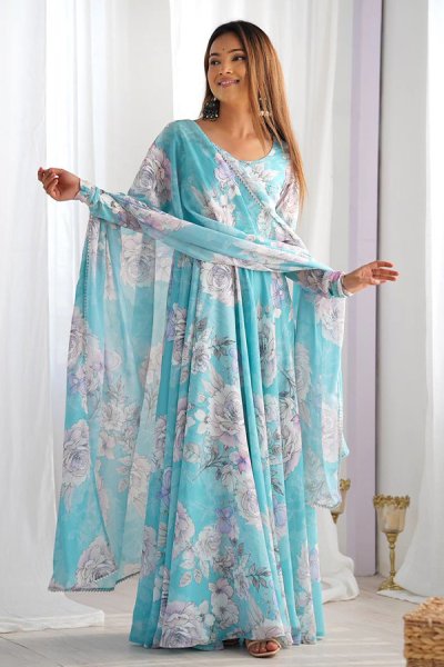 Sky Blue Georgette Floral Printed Anarkali Dress With Dupatta Sky Blue Georgette Floral Printed Anarkali Dress With Dupatta