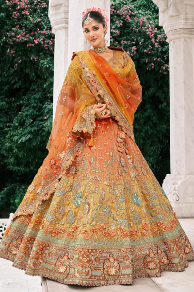Orange & Mustard Silk Embroidered Lehenga Set Orange & Mustard Silk Embroidered Lehenga Set