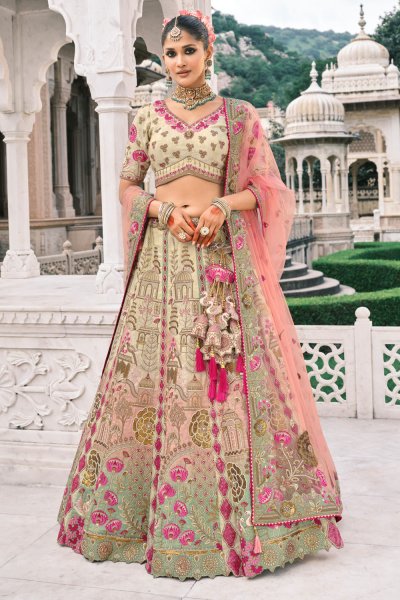 Pastel Pink & Mint Silk Embroidered Lehenga Set Pastel Pink & Mint Silk Embroidered Lehenga Set
