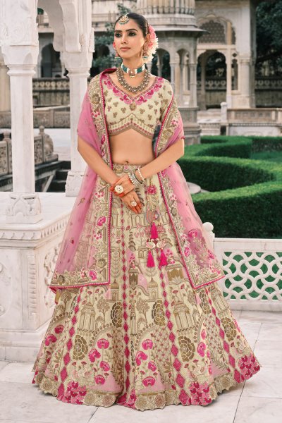 Cream & Pink Silk Embroidered Lehenga Set Cream & Pink Silk Embroidered Lehenga Set