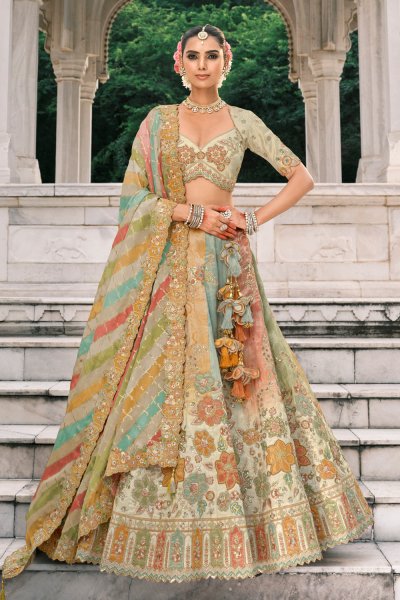Pastel Multicolor Silk Embroidered Lehenga Set Pastel Multicolor Silk Embroidered Lehenga Set