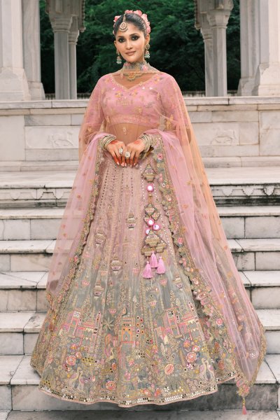 Mauvey Pink & Grey Silk Embroidered Lehenga Set Mauvey Pink & Grey Silk Embroidered Lehenga Set