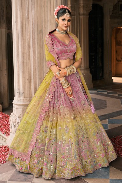 Lemon Green & Pink Silk Embroidered Lehenga Set Lemon Green & Pink Silk Embroidered Lehenga Set