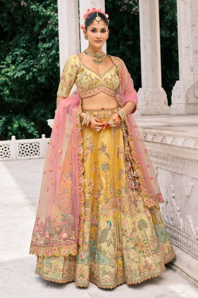 Yellow & Pastel Pink Silk Embroidered Lehenga Set Yellow & Pastel Pink Silk Embroidered Lehenga Set